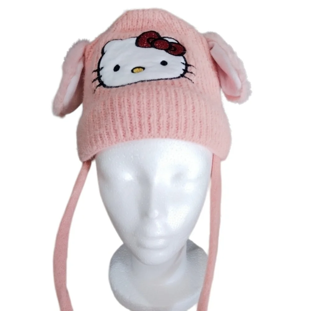 Hello Kitty Pink Knit Beanie with Pom Poms and Red Glitter Bow EARS MOVE! NEW!